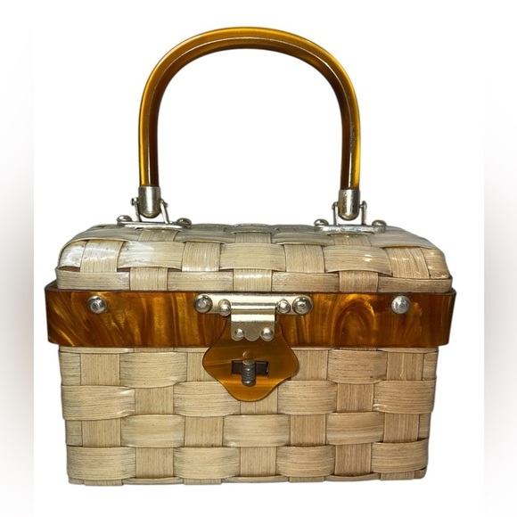 unbranded Handbags - Vintage Lucite Small Bag Tan/Brown Kiss Lock Open Tigers Eye Hinged Open